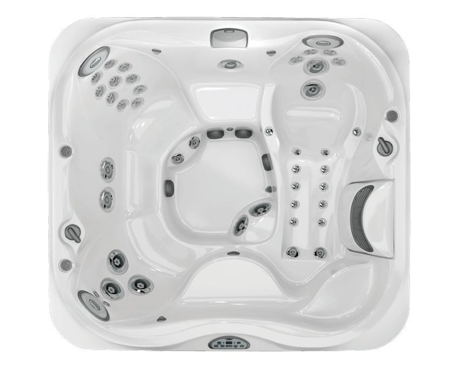 Overhead view of a white hot tub with multiple jets and seating areas, ideal for relaxation.