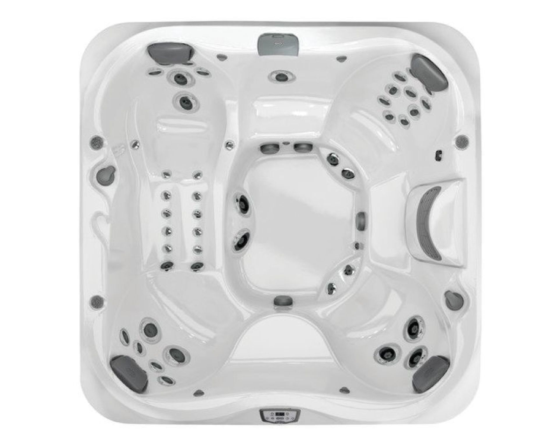 Top-down view of a white hot tub with contoured seating, various jets, and control panel.