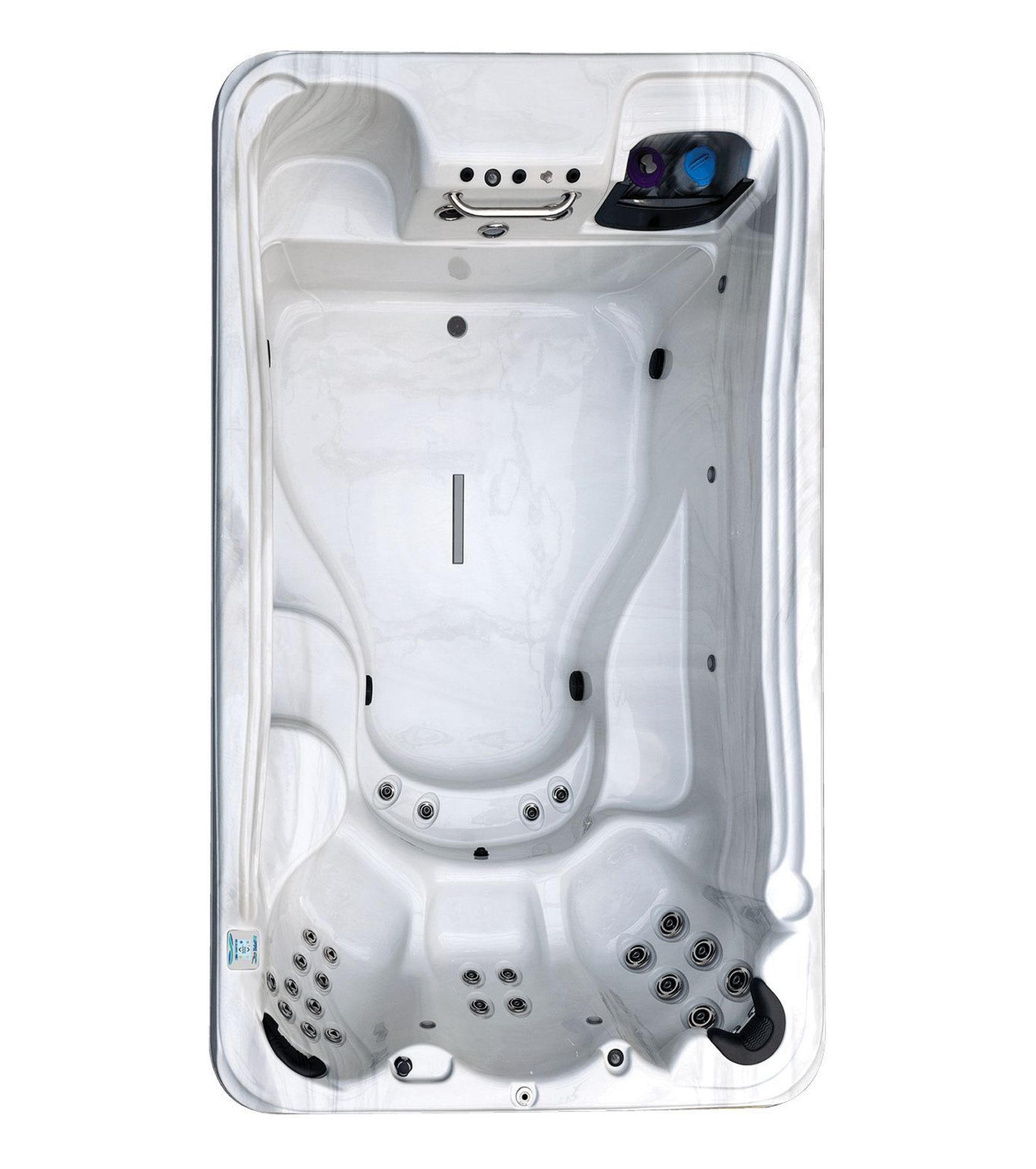 White rectangular hot tub with multiple jets and control panel.