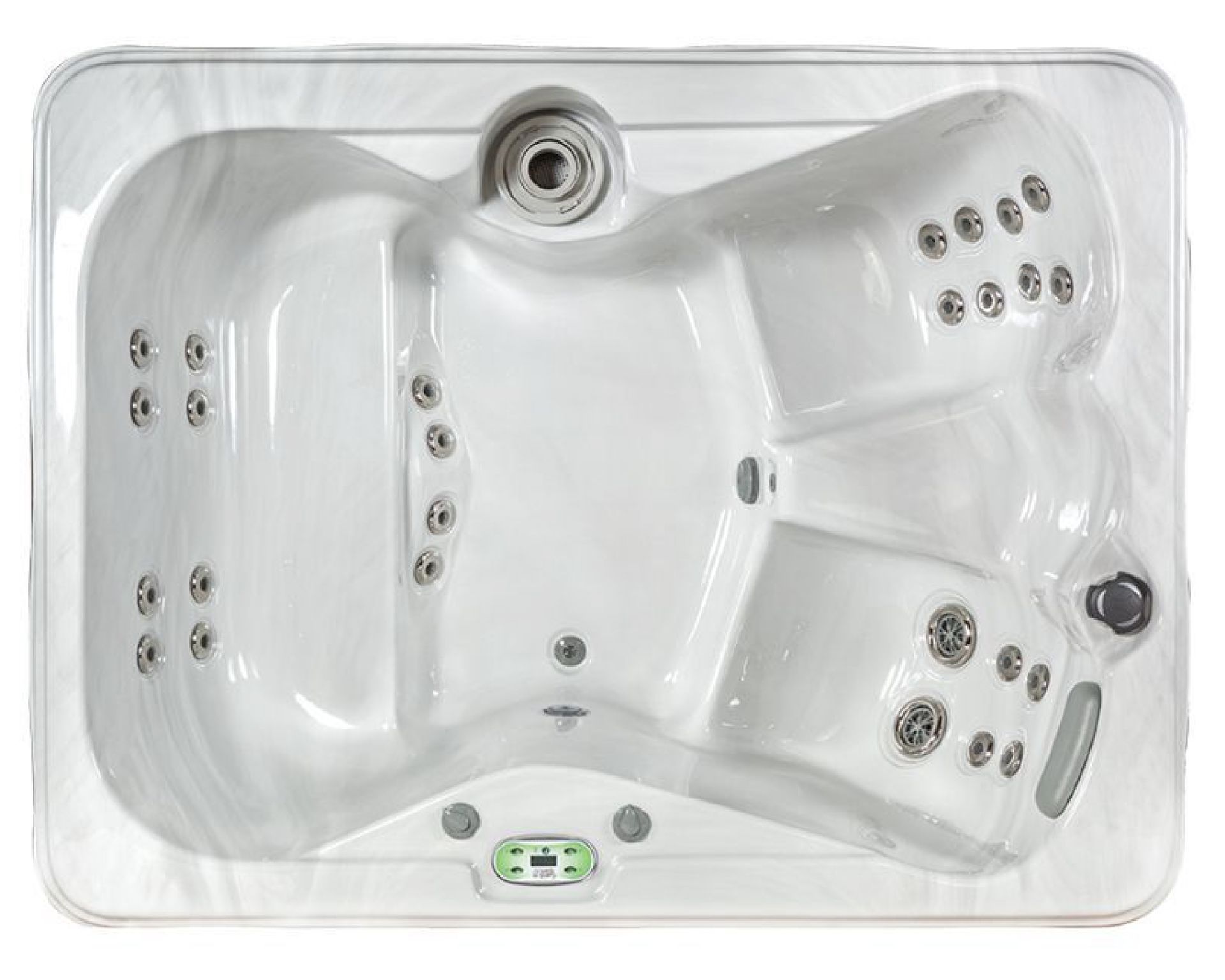 Overhead view of a white hot tub with molded seating and multiple jets.