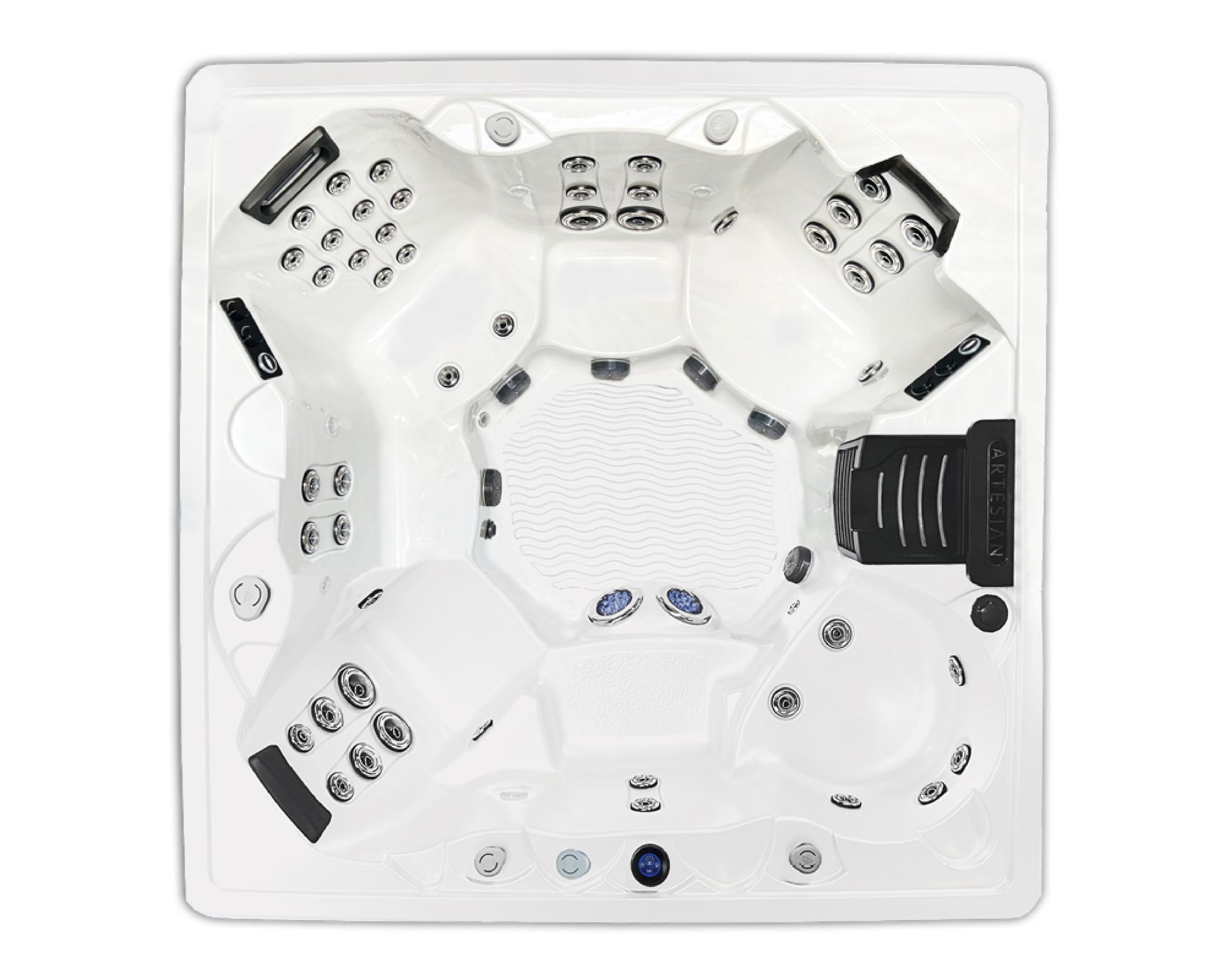 Overhead view of a white hot tub with multiple seats and jets, set inside a clear square surround.