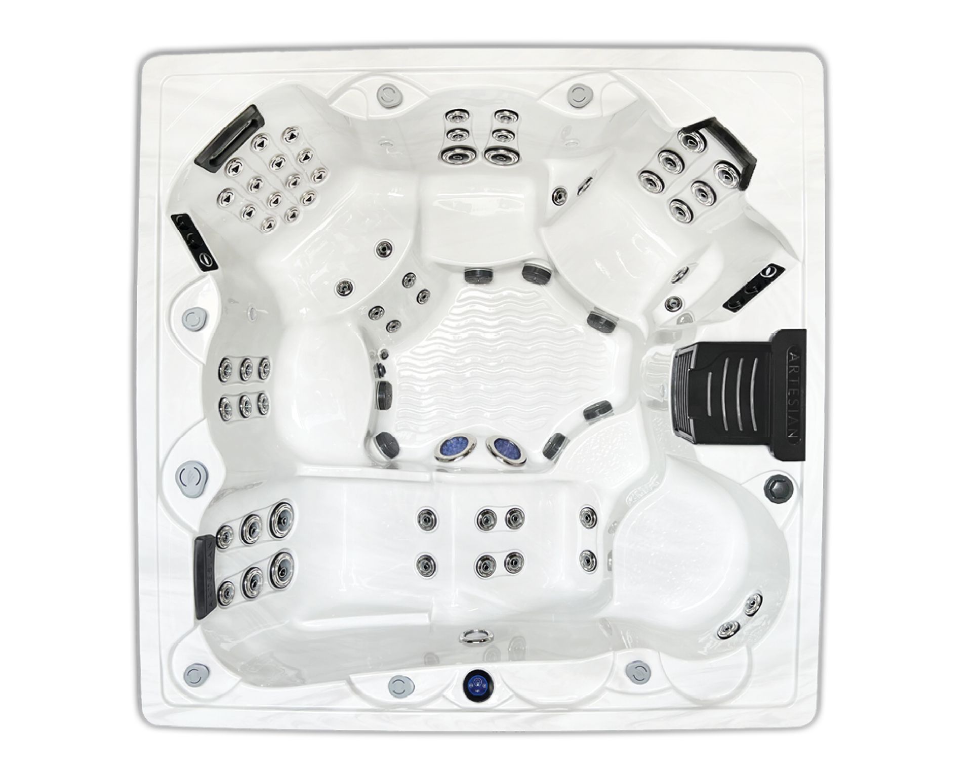 Overhead view of a square hot tub with multiple seating areas, jets, and a control panel.