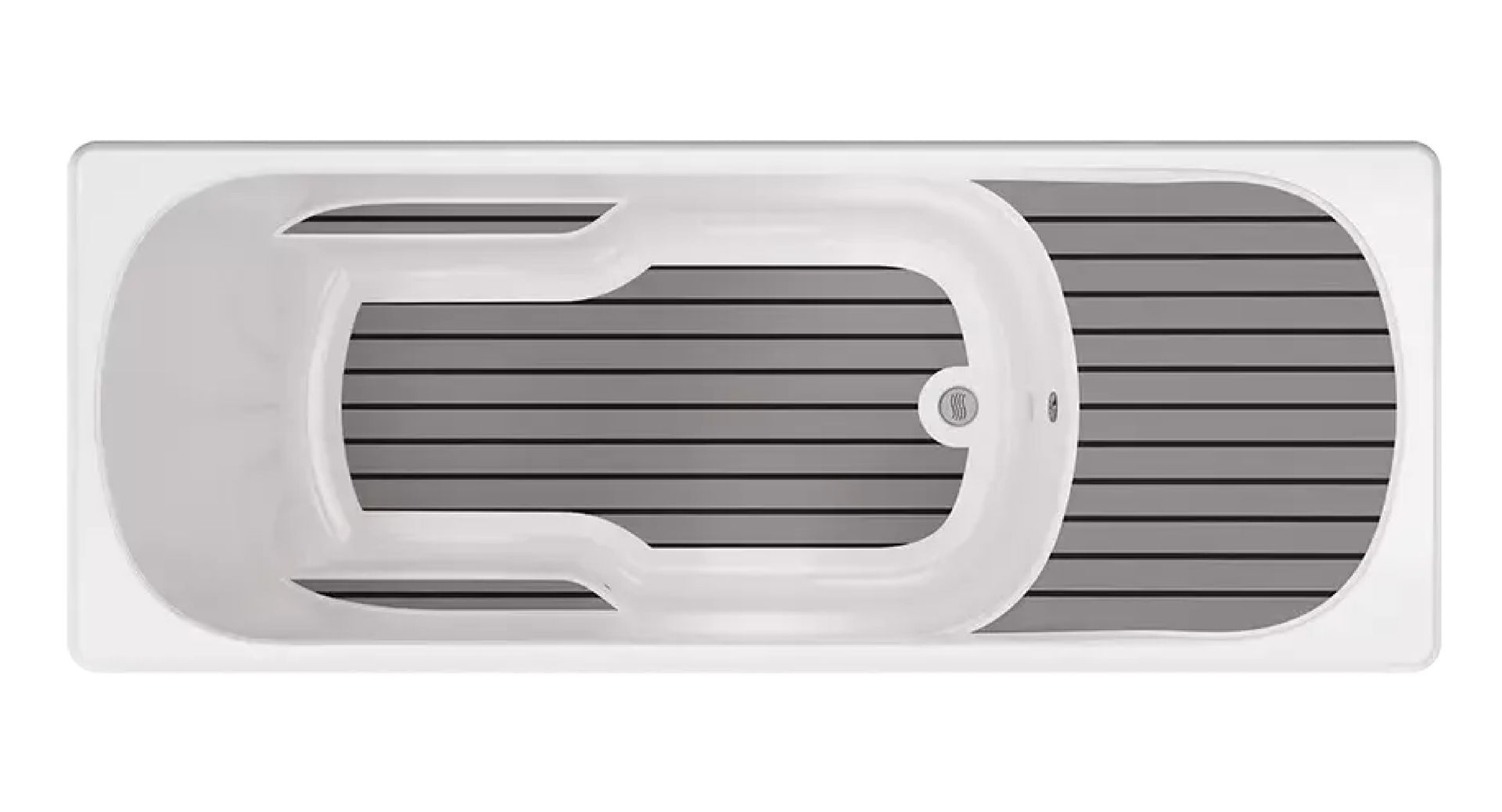 Top-down view of a white accessible bathtub with a built-in seat, gray non-slip floor, and drain.