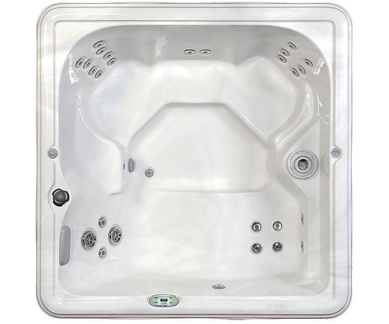 White square hot tub with various jets.