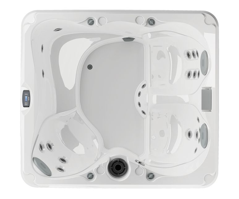 Overhead view of a white hot tub with contoured seating, multiple jets, and central drain.