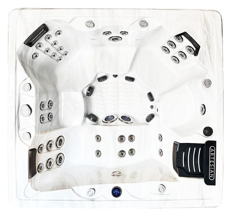 Top-down view of a white hot tub with multiple seating areas, jets, and control panels.