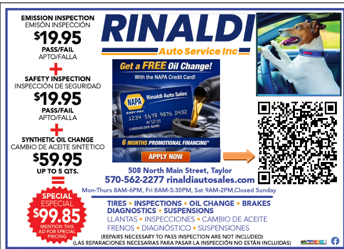 Ad for Rinaldi Auto Service with prices for inspections and oil change. Includes a dog driving. | Rinaldi Auto Sales
