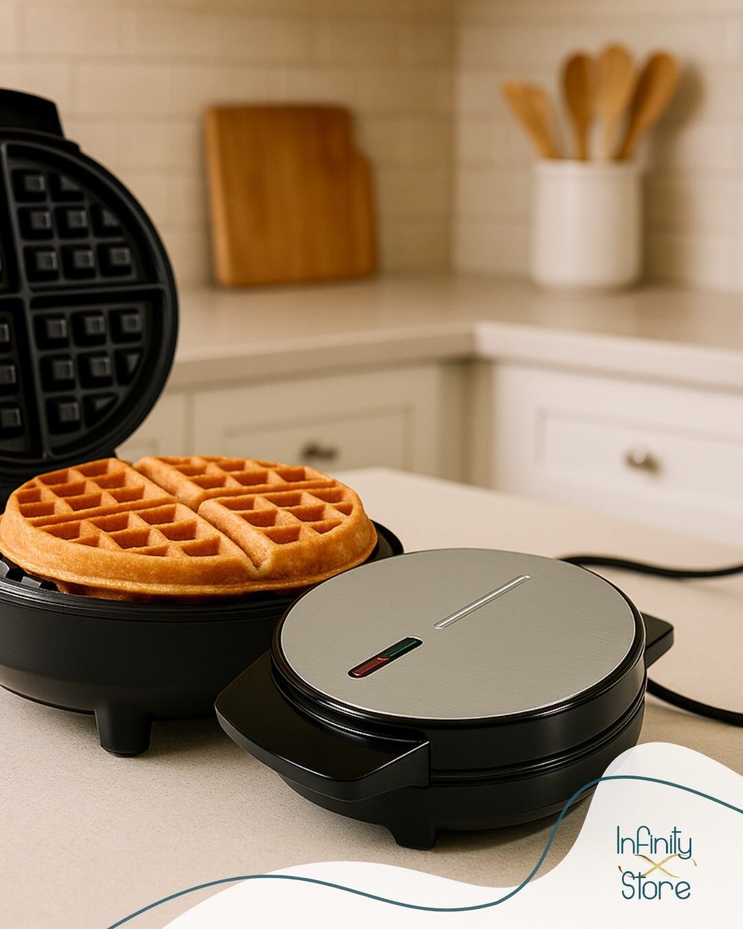 Piastra per waffle con una cialda cotta all'interno, accanto a una piastra chiusa, posta sul bancone della cucina.