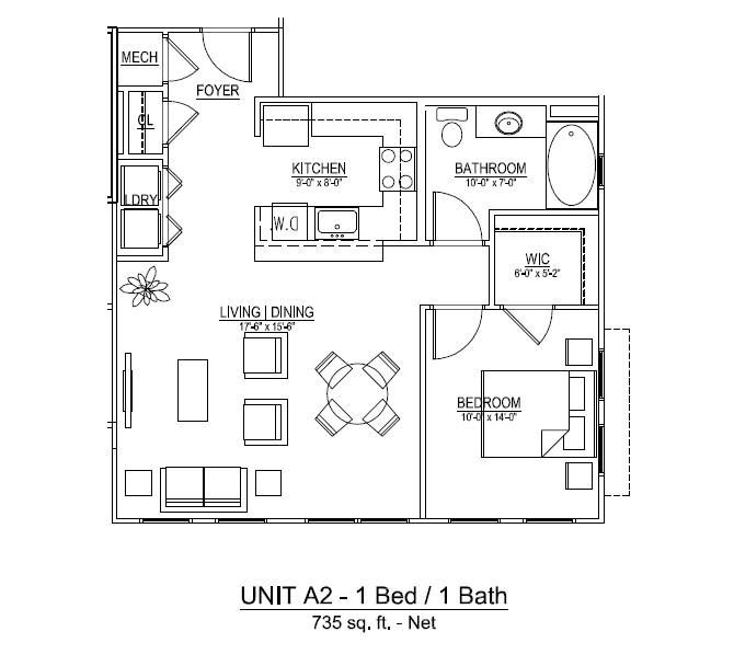 Ridgeway 32 Floor Plan Unit A2 – 1 Bed / 1 Bath