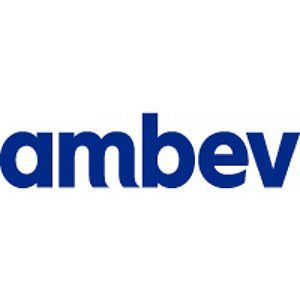 O logotipo da ambev é azul e branco sobre fundo branco.