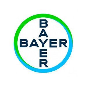 O logotipo da bayer é uma cruz verde e azul em um círculo.