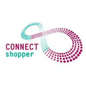 O logotipo do Connect Shopper é um símbolo do infinito roxo e verde.