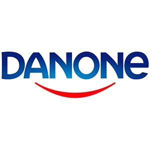 Um logotipo danone com um sorriso vermelho