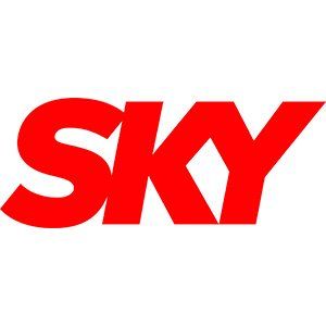 Um logotipo de céu vermelho em um fundo branco