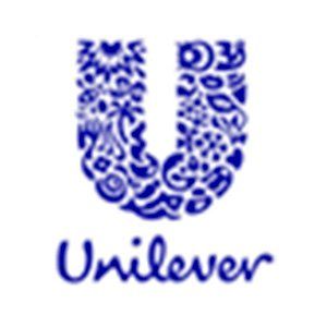 Um logotipo da Unilever azul e branco sobre um fundo branco