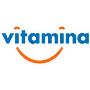 Um logotipo azul e laranja para vitamina com um rosto sorridente