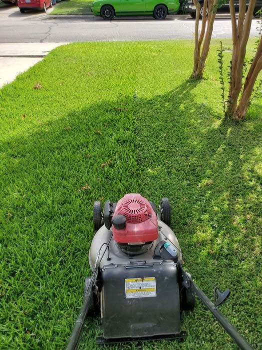 A lawn mower is sitting on top of a lush green lawn.