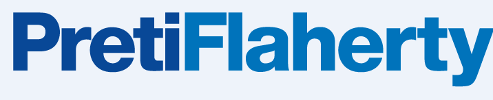 A blue and white logo for a company called pretiflaherty
