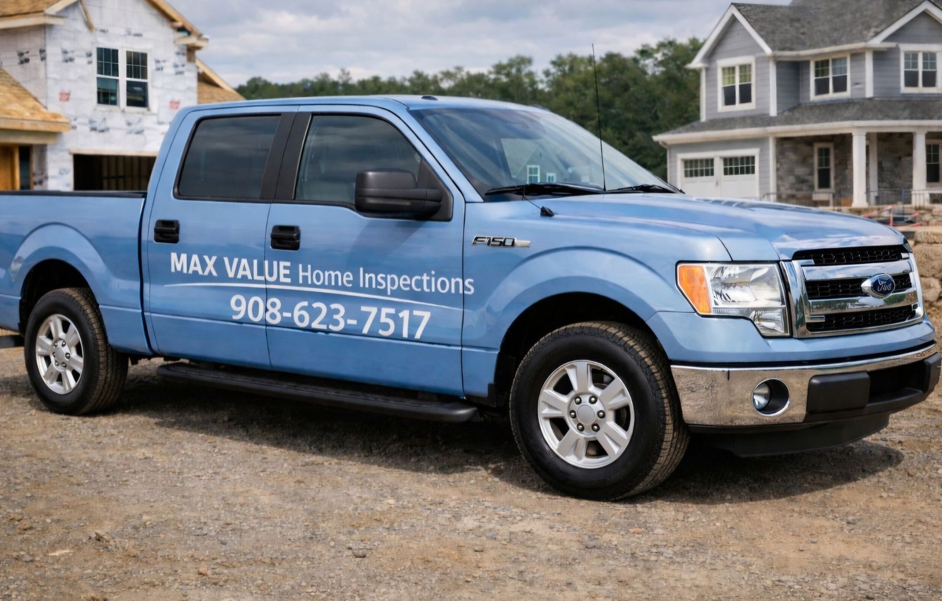 A light blue pickup truck with 