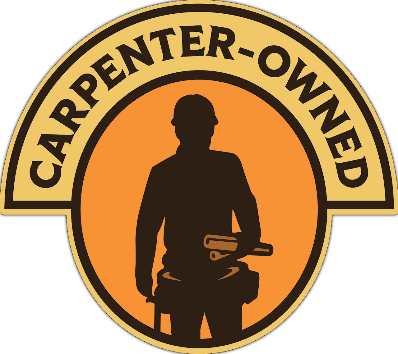 Logo on an orange background showing a silhouette of a person wearing a hard hat and tool belt with the text 