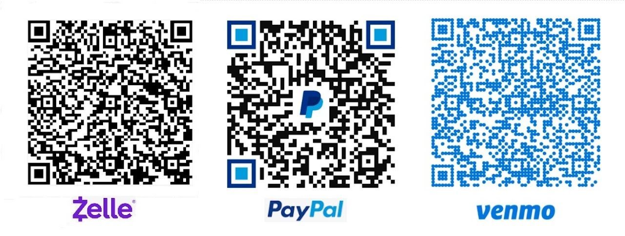 Three QR codes for payment services Zelle, PayPal, and Venmo arranged side-by-side with their respective logos below.