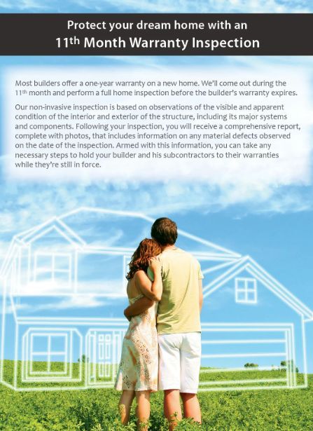 A couple stands in a grassy field looking at a home outline, with text promoting an 11th-month builder warranty inspection.