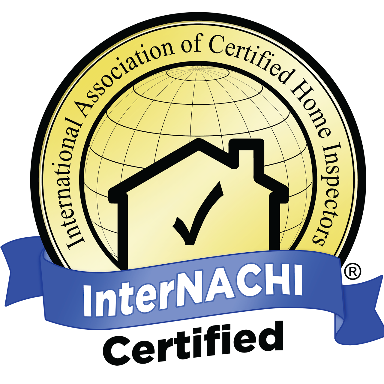 Gold circular logo for InterNACHI, the International Association of Certified Home Inspectors, with a house and check mark.