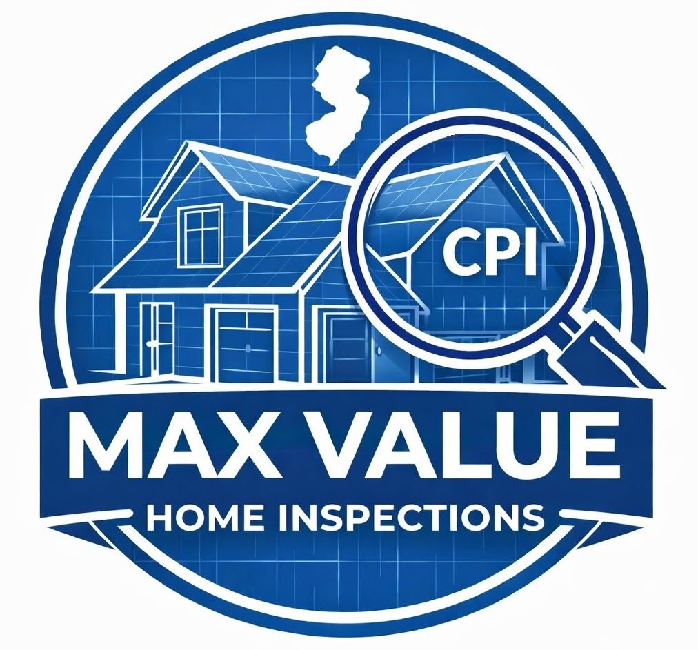 A blue circular logo for Max Value Home Inspections featuring a house blueprint, a magnifying glass, and a New Jersey map.