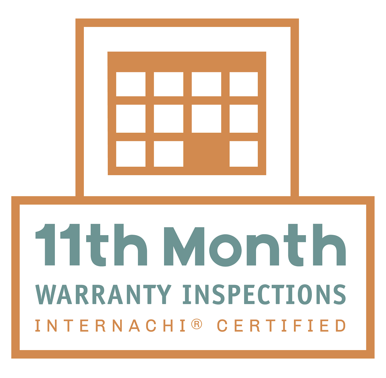 An InterNACHI-certified logo for 11th-month warranty inspections featuring a calendar icon in brown and green text.