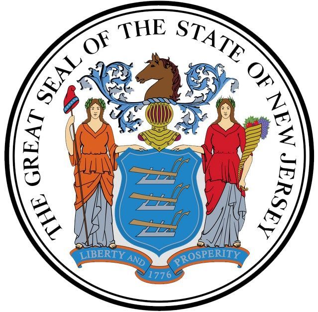 The Great Seal of the State of New Jersey, featuring a shield with three plows, two figures, a horse head, and the year 1776.