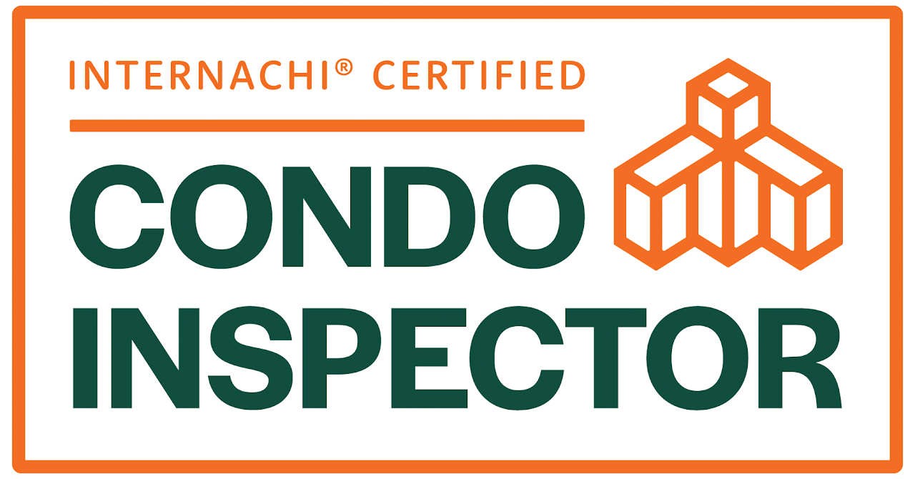 InterNACHI Certified Condo Inspector logo: dark green text on white background with an orange border and building icon.
