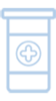 A pale blue line-art icon of a pill bottle with a plus sign symbol on the label.