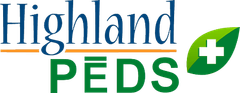 The Highland PEDS logo with blue text, an orange line, and a green leaf featuring a white medical cross.