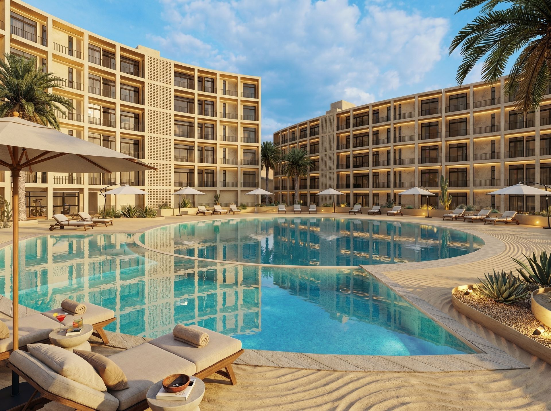 Rooftop pool with lounge chairs, a shaded dining area, and steps leading up; blue sky and clouds.