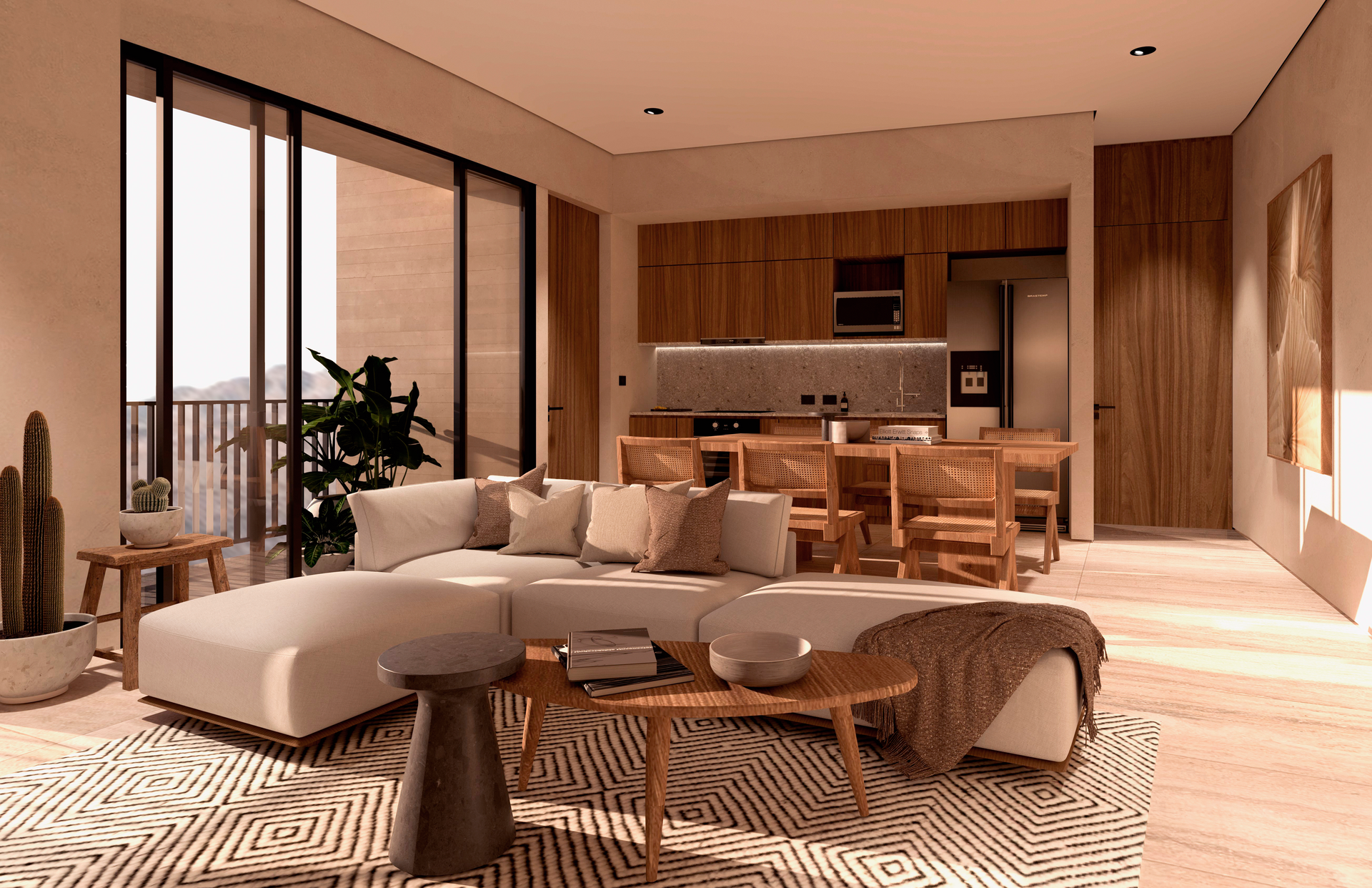 Modern open-plan kitchen and living room with white and wood accents, dining table, sofa, and TV.