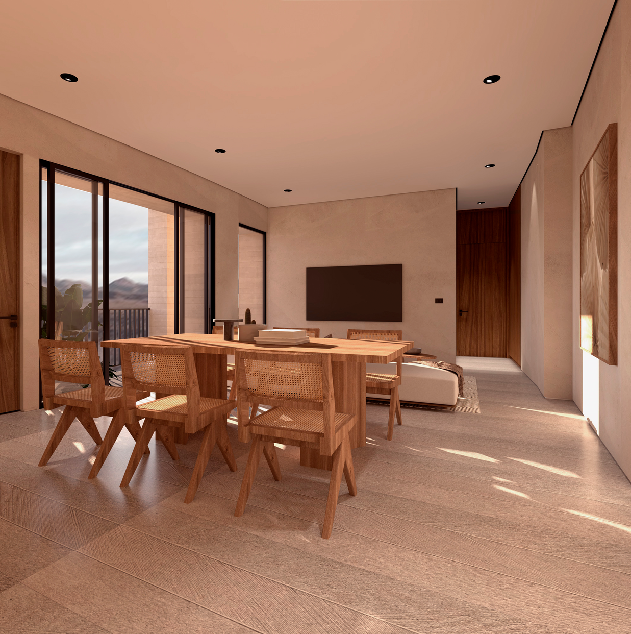 Modern dining room with a table, chairs, and a built-in shelf.
