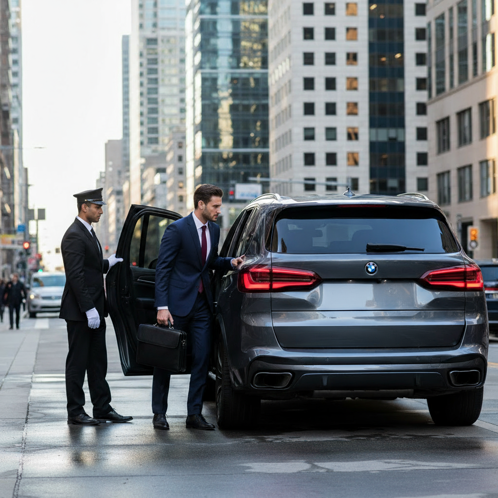 A man in a suit exits a gray SUV, assisted by a uniformed driver on a city street.