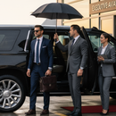 Bride and groom pose next to a black limo on a red carpet. The bride is in her dress and the groom sits looking up at her.