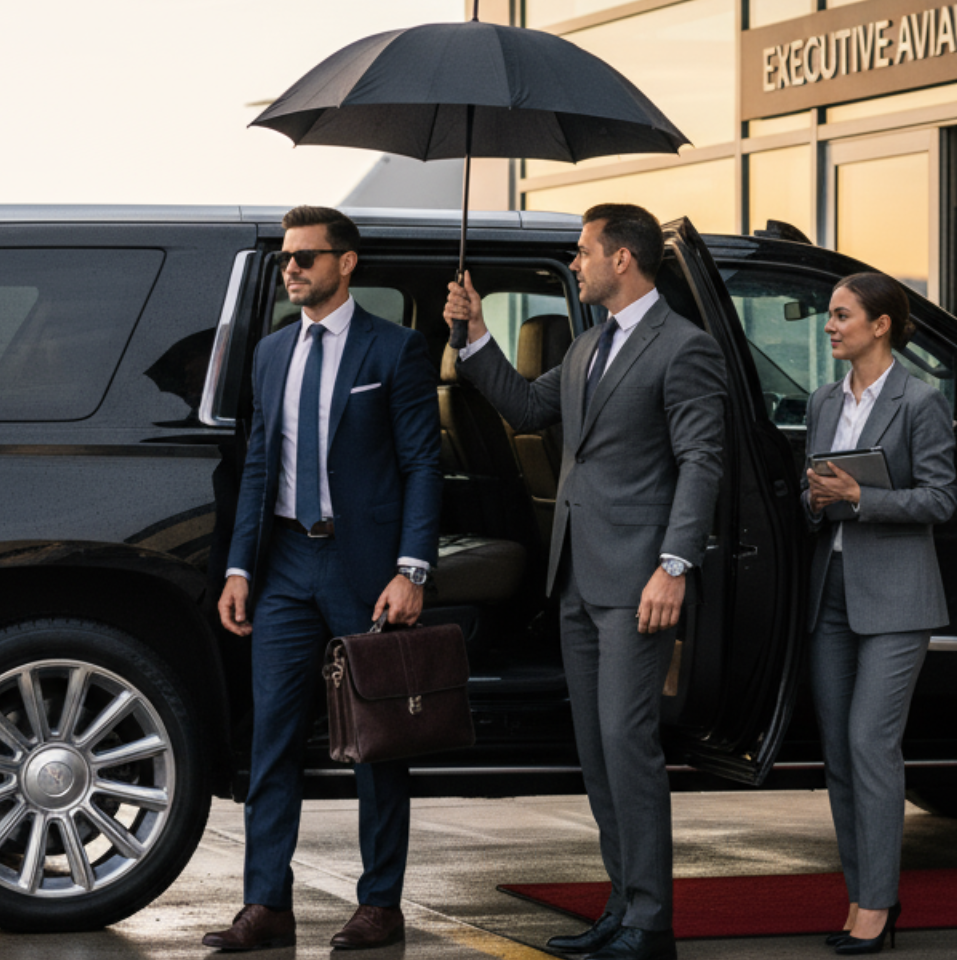 Bride and groom pose next to a black limo on a red carpet. The bride is in her dress and the groom sits looking up at her.