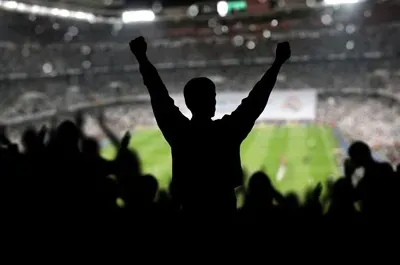 Silhouette of a person cheering with arms raised at a soccer match in a crowded stadium.