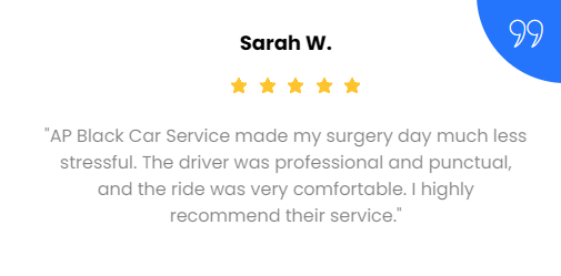 Customer testimonial: Sarah W. gives AP Black Car Service 5 stars. 