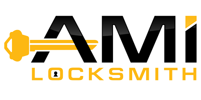 A logo for ami locksmith with a key on it