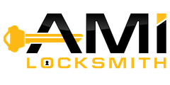 A logo for ami locksmith with a key on it