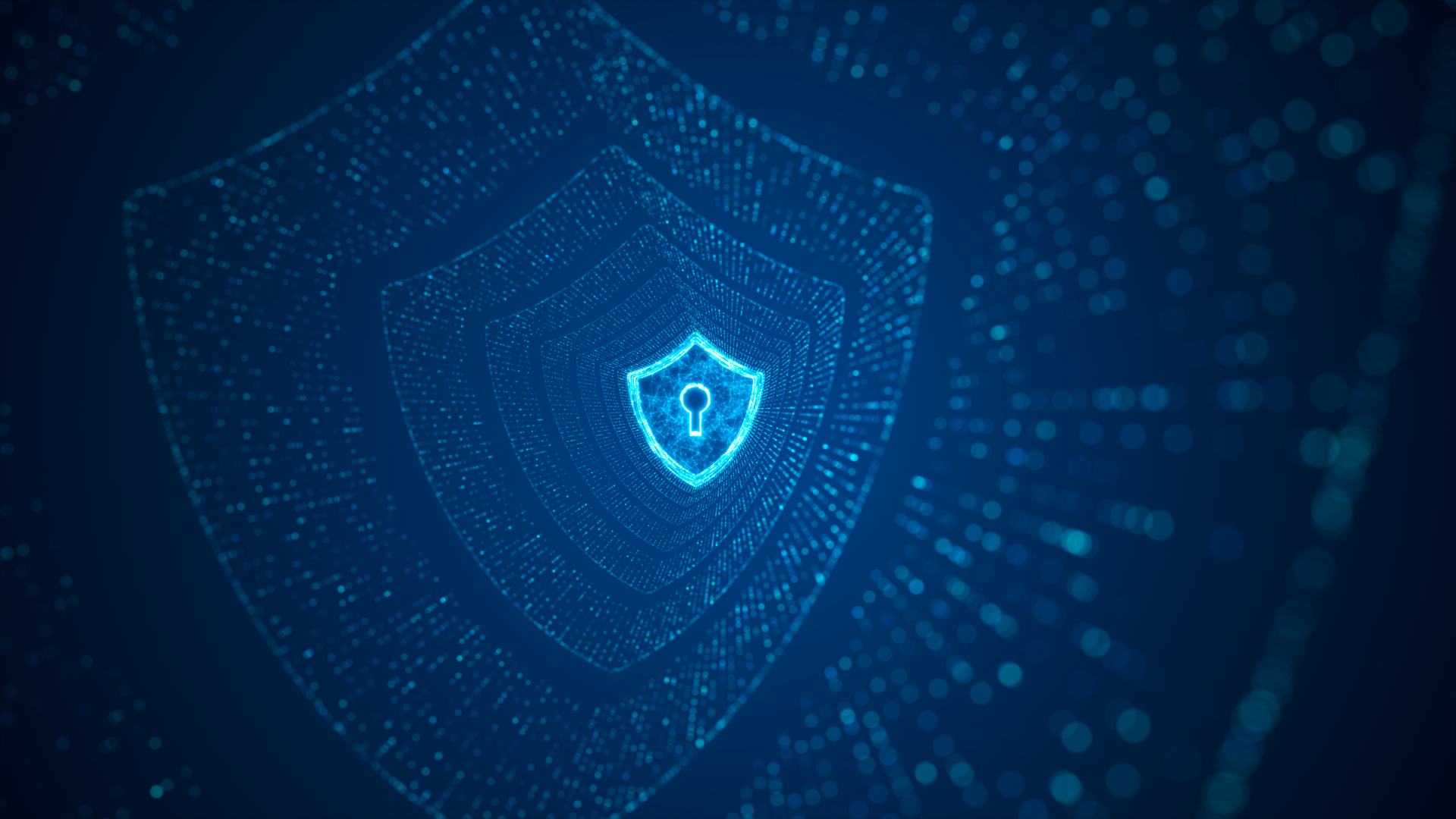 A shield with a padlock inside of it on a blue background.
