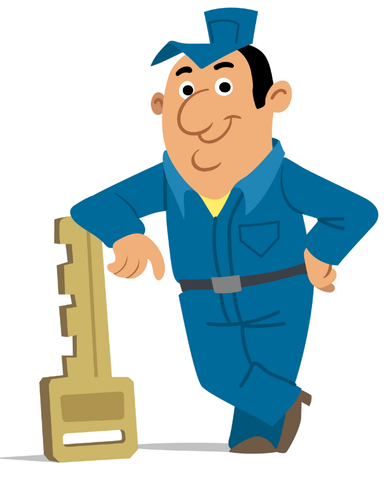 A cartoon of a man holding a large key