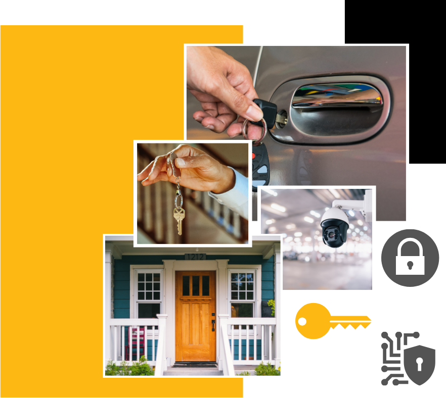 A person is holding a car key in front of a house.