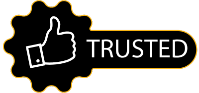 A black sticker with a thumbs up and the word trusted on it.