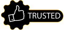 A black sticker with a thumbs up and the word trusted on it.