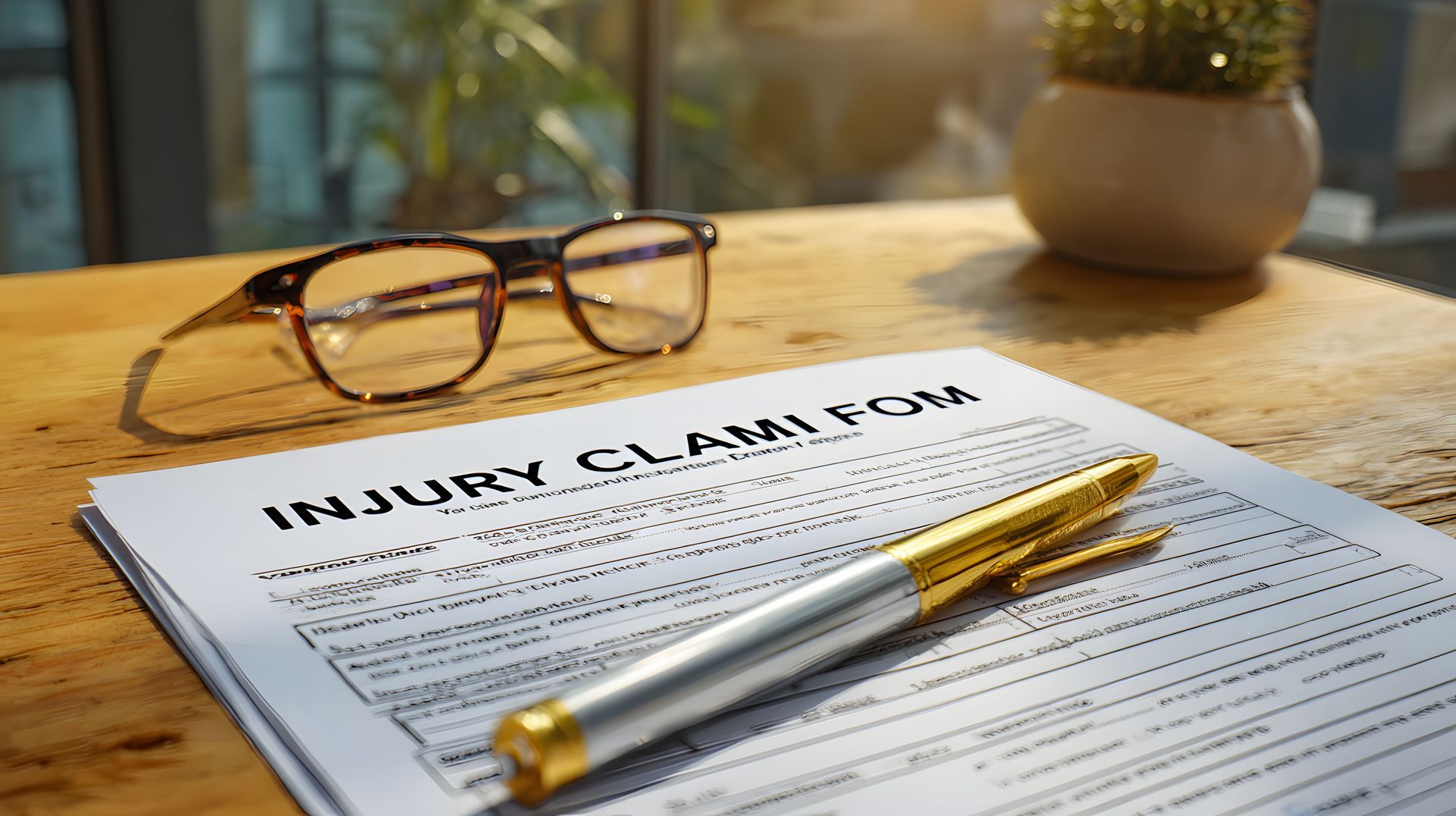 Document detailing personal injury claim resting on wooden surface next to reading glasses and a pen.
