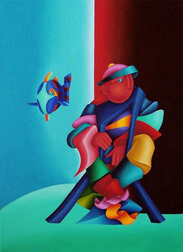 Ein Mann sitzt auf einem Stuhl hinter ihm schwimmt ein Fisch. Abstrahiertes farbenfrohes Bild der Künstlerin Benita von Wendt. Gemalt mit Acrylfarben auf Leinwand.